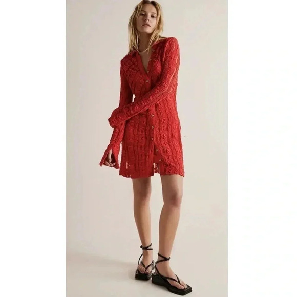 New Free People Shayla Lace Long Sleeve Mini Dress Button Down Red Rouge Medium - Picture 1 of 14